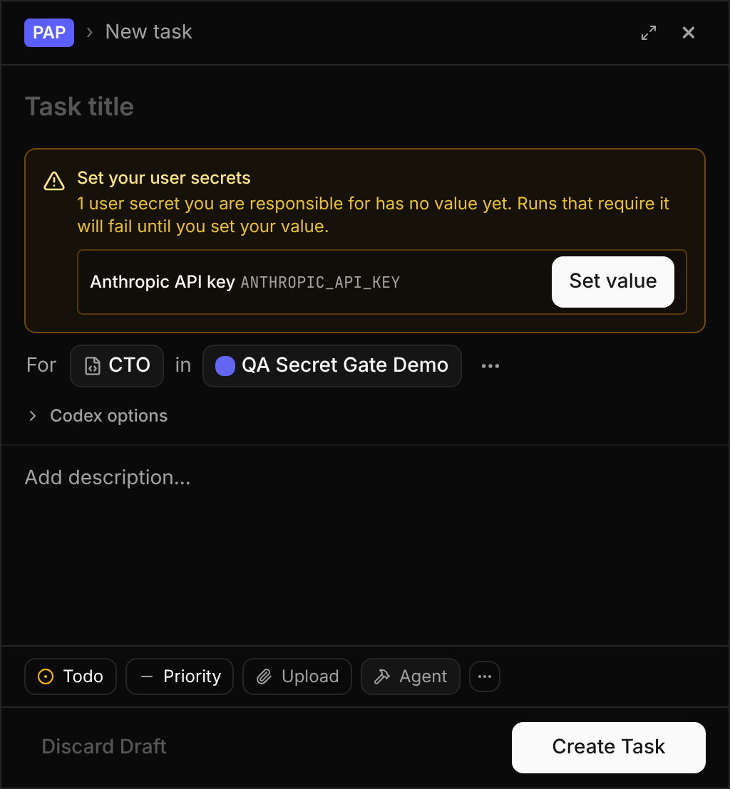 Task creation warns when a user-scoped secret you are responsible for has no value yet