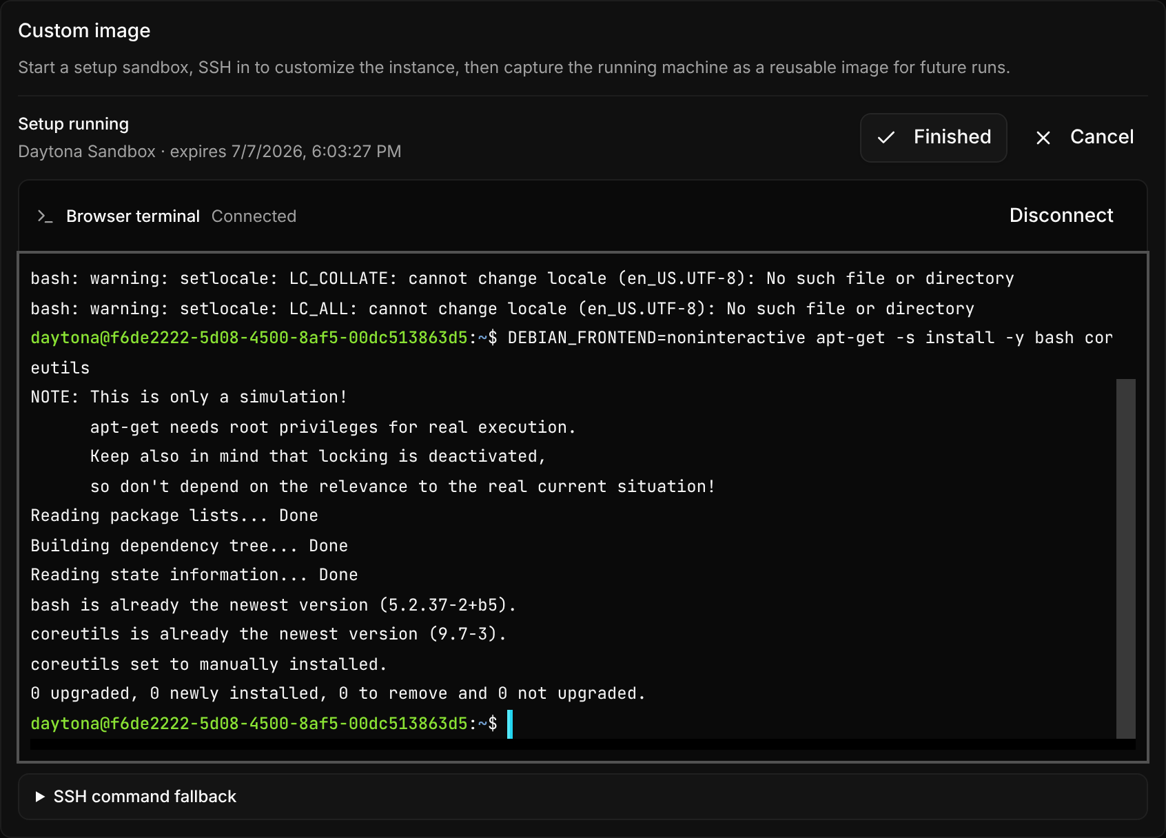 The embedded SSH terminal inside the environment configuration flow, mid package install