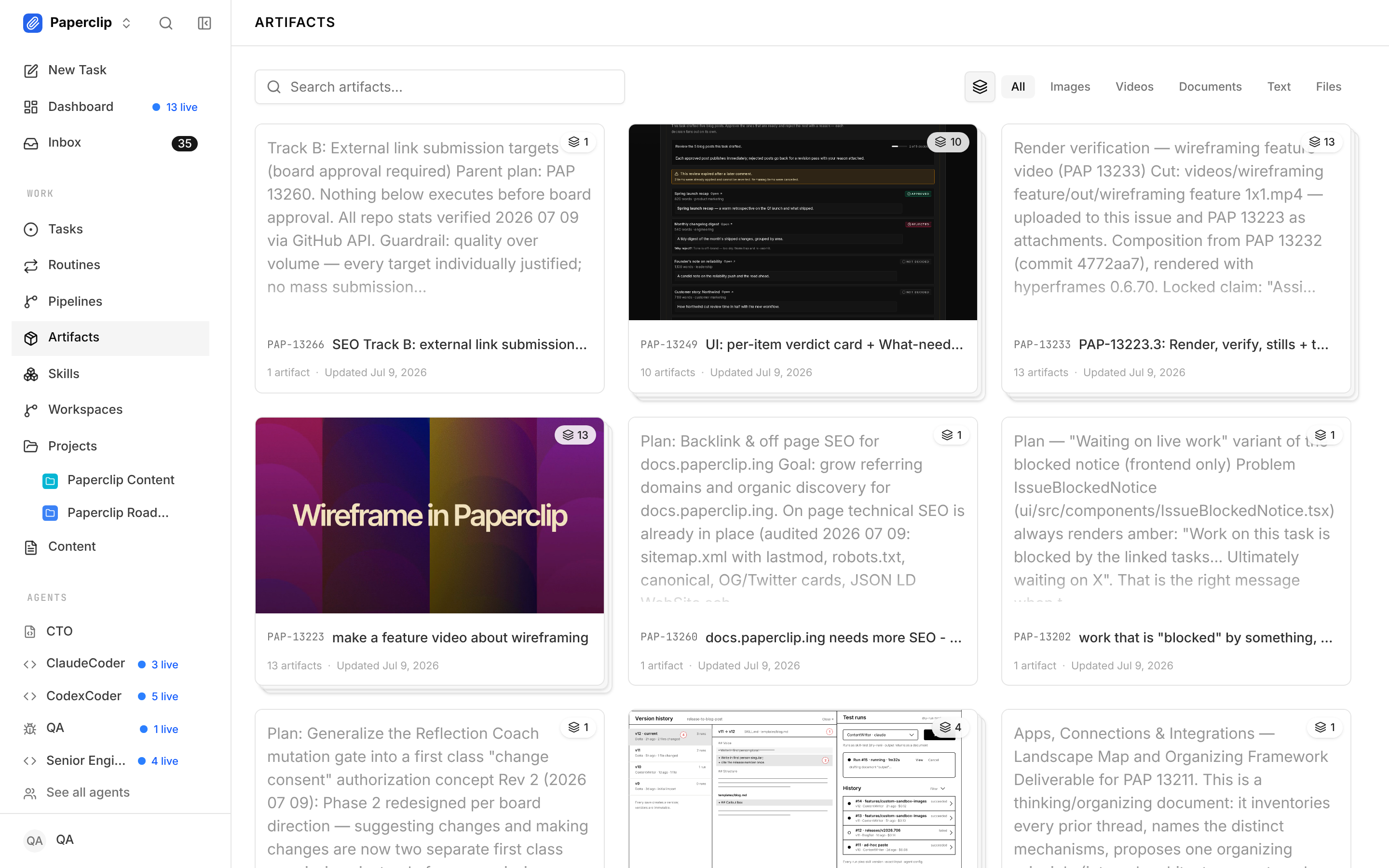 The company Artifacts page: a grid of agent-produced work products across issues, grouped by task stack, with filters along the top