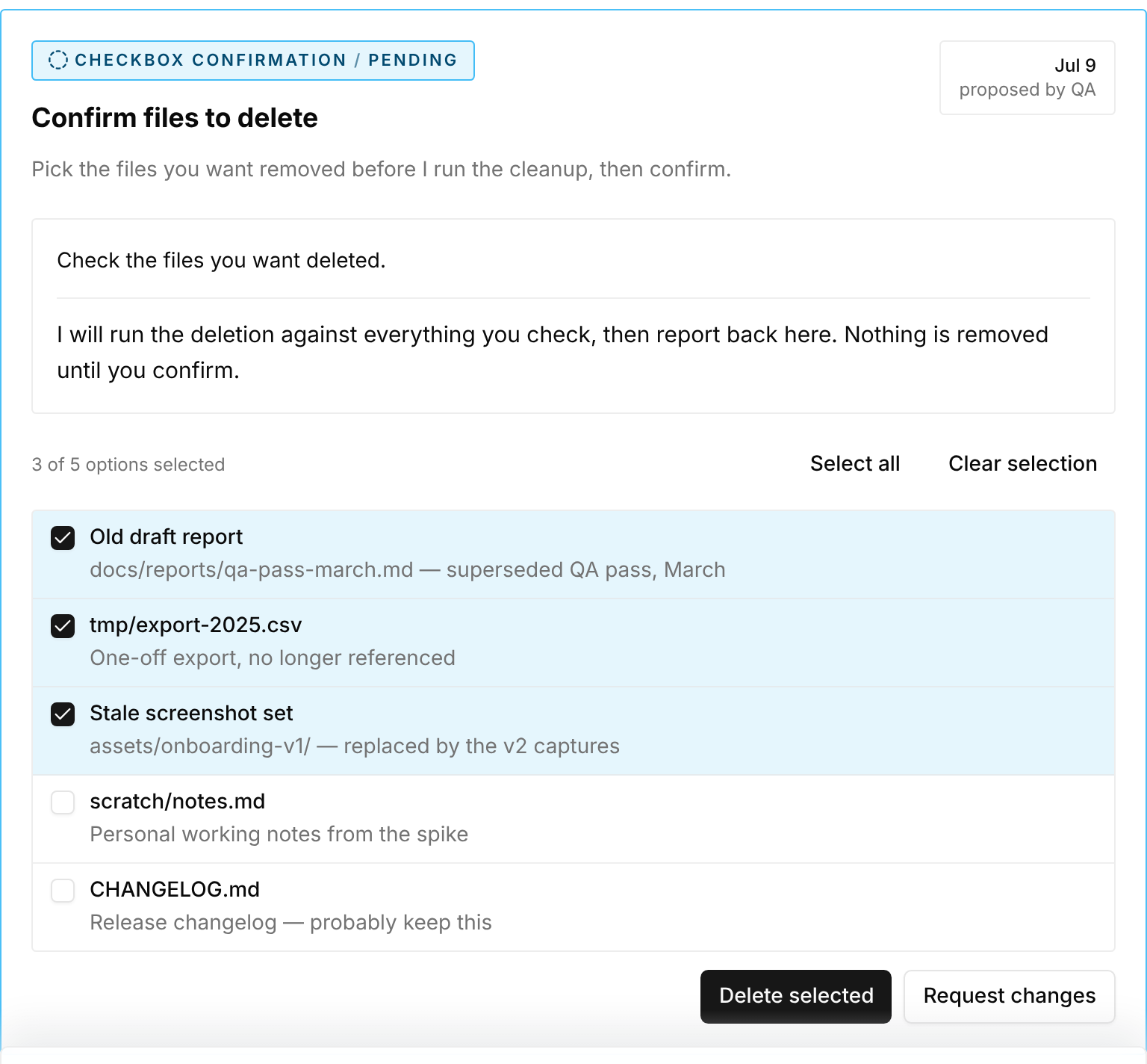 A checkbox confirmation card in an issue thread: an option list with boxes checked and confirm and reject actions