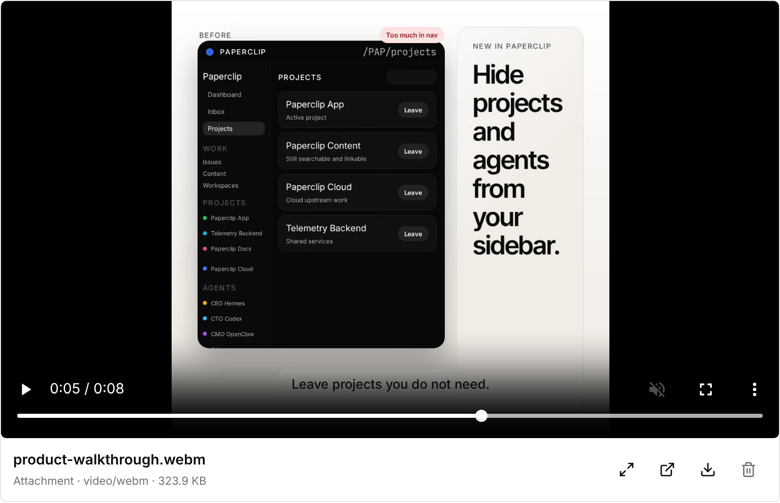 An issue thread with a video attachment playing inline, player controls visible