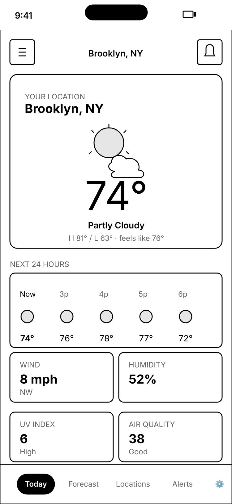 Mobile variant of the Today screen at 375×812, the same content stacked for a phone